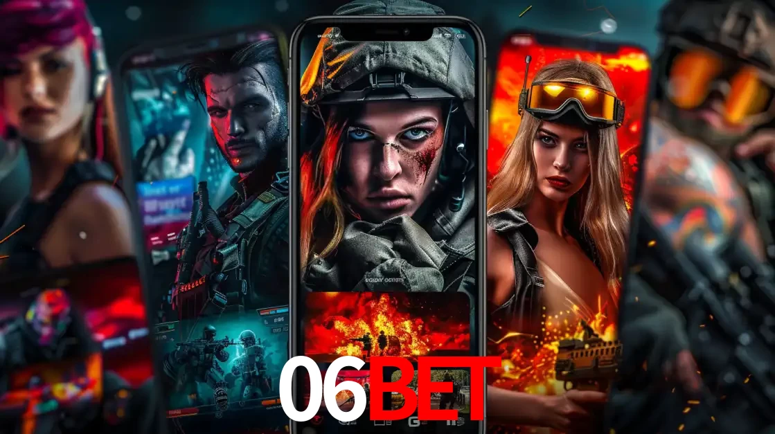 Montagem de telas de celular mostrando diversos personagens, masculinos e femininos, de um jogo de tiro, ilustrando a diversidade de equipes de e-sports para apostar no 06BET.