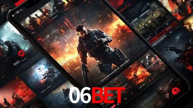 Tela de um celular exibindo uma galeria de jogos de tiro com temática militar, mostrando a variedade de e-sports disponíveis para apostas na plataforma de entretenimento 06BET.