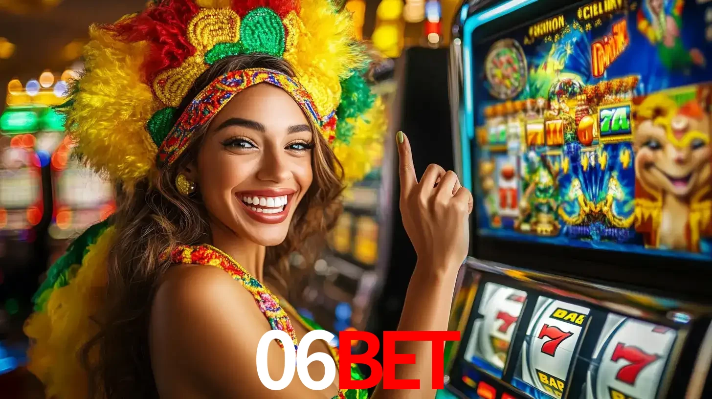 Mulher animada com um cocar de carnaval apontando para uma máquina de caça-níqueis, mostrando a emoção de ganhar um grande prêmio nos jogos do 06BET.