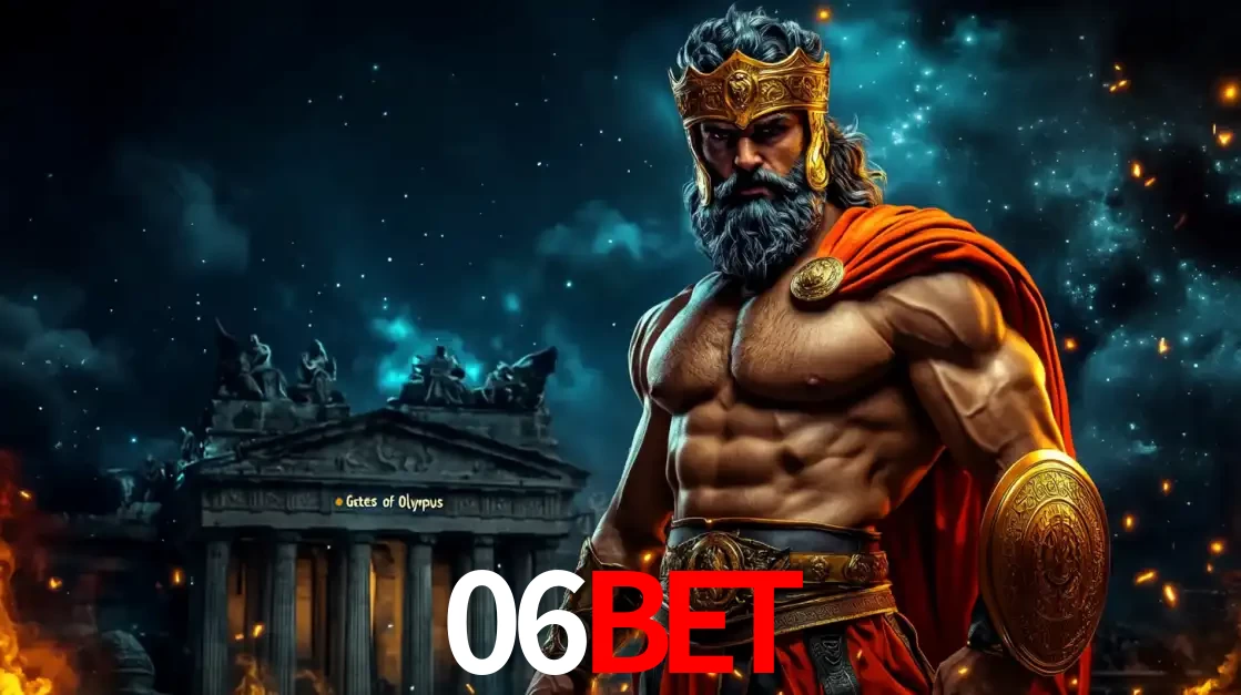 O poderoso Zeus do jogo de slot Gates of Olympus em frente ao seu templo, pronto para lançar multiplicadores divinos e prêmios épicos no cassino online 06BET.
