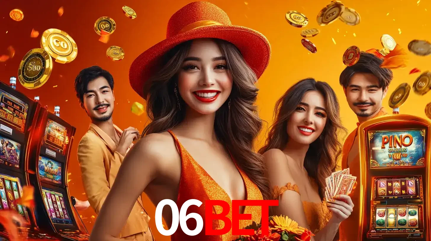 Grupo de amigos asiáticos sorrindo e se divertindo com máquinas de caça-níqueis em um ambiente festivo, celebrando suas vitórias nos jogos de cassino do 06BET.