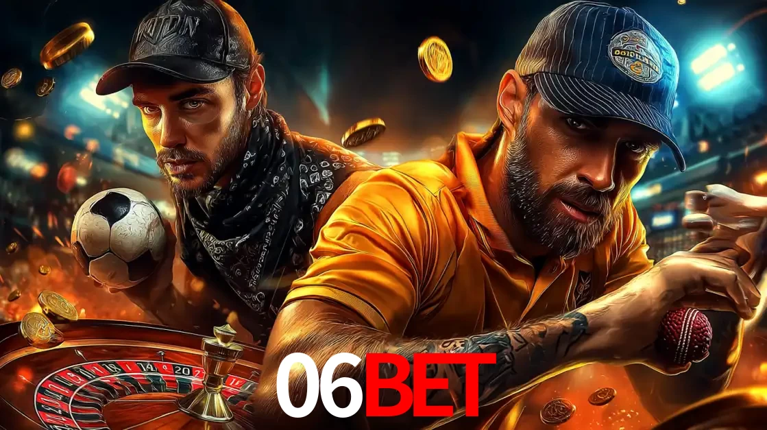Montagem de apostas esportivas e cassino no 06BET, com um homem segurando uma bola de futebol e outro uma de beisebol sobre uma roleta e moedas voadoras.