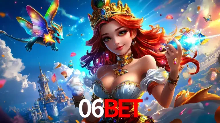 A princesa de um reino de fantasia mágico, com seu pequeno dragão, apresentando um mundo de prêmios encantados nos jogos de caça-níqueis do cassino 06BET.