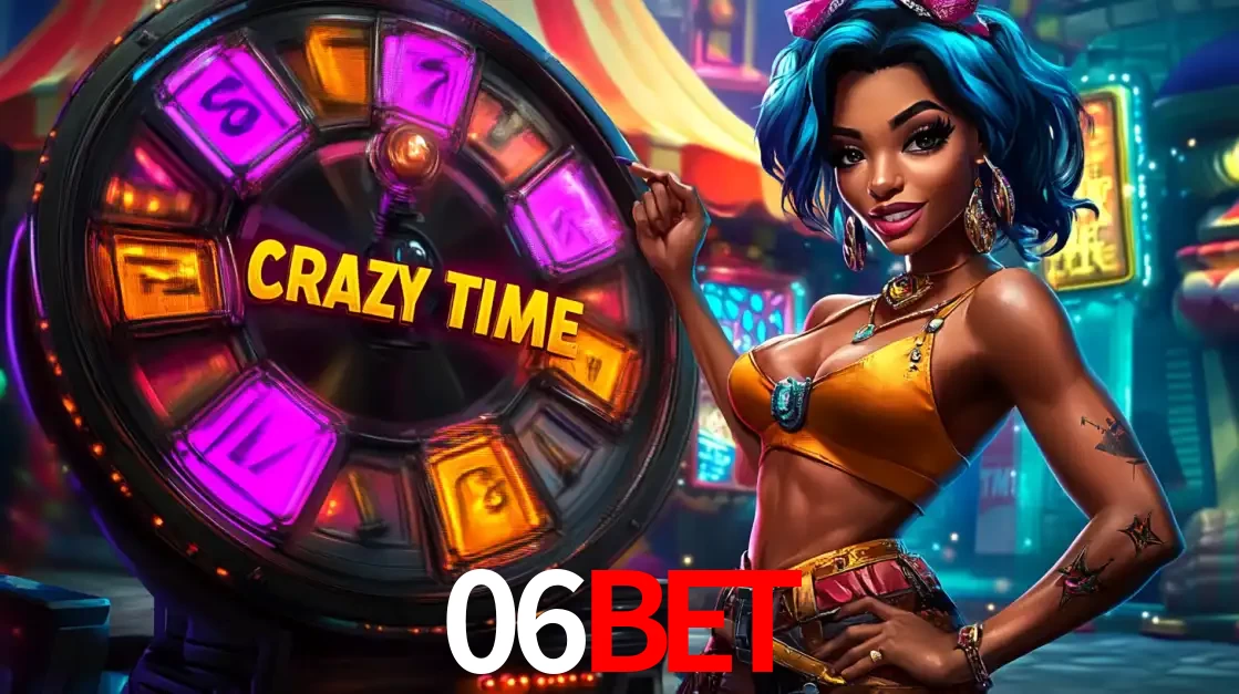 Mulher estilizada com cabelo azul e visual vibrante posando ao lado da roda de prêmios do game show Crazy Time, convidando para a diversão e os bônus do cassino 06BET.