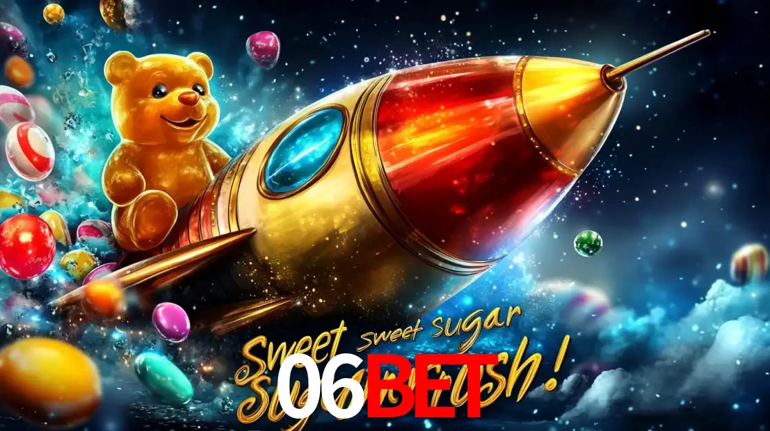 Arte promocional do jogo de slot Sugar Rush, com um urso de pelúcia em um foguete viajando pelo espaço de doces, um dos jogos divertidos disponíveis no cassino 06BET.