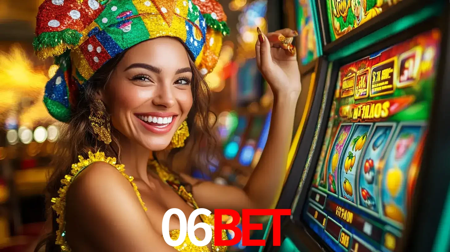Mulher feliz com traje de carnaval amarelo e colorido ao lado de uma máquina de caça-níqueis, aproveitando a diversão e os jogos temáticos do cassino 06BET.